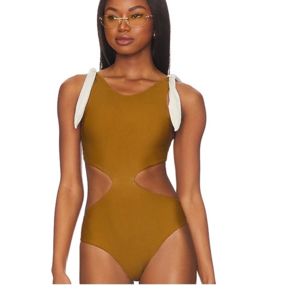 House of Harlow 1960 Brown Cutout Tie Shoulder One Piece Swimsuit XXS NWT